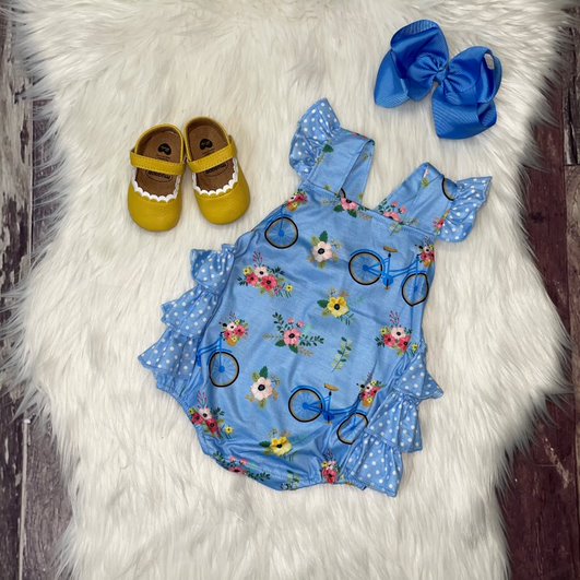 Floral Bicycle Ruffle Bubble Romper